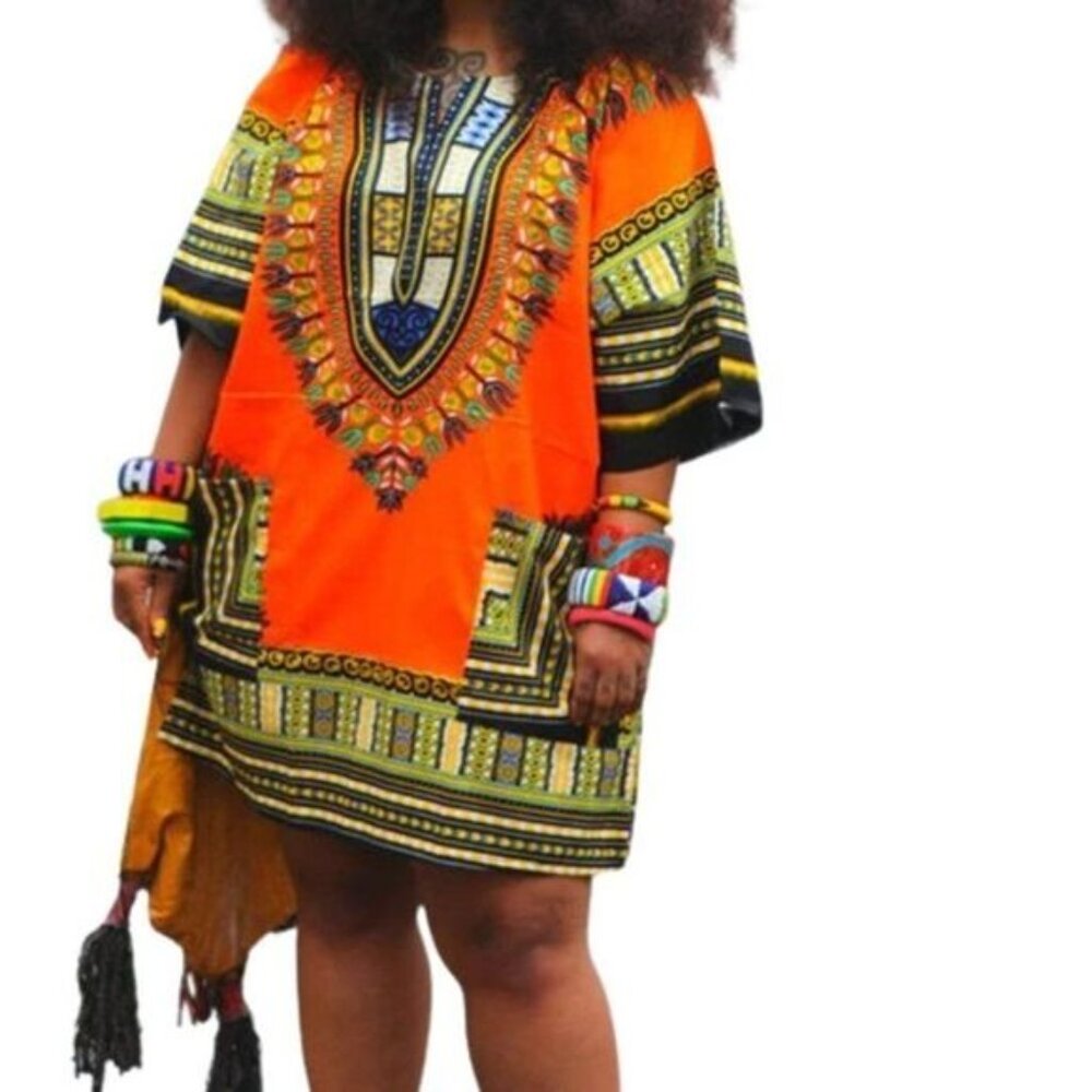 True Rock Women's Orange African Dashiki Dress Shirt/V neck Tunic Top - Picture 11 of 11